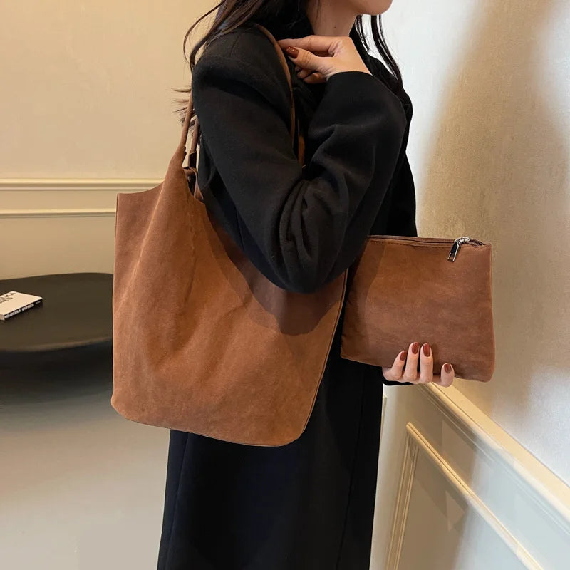 Women's Suede Shoulder Bag - High Capacity Casual Tote With Zippered Purse & Cell Phone Pocket - ZOOMNSTORE