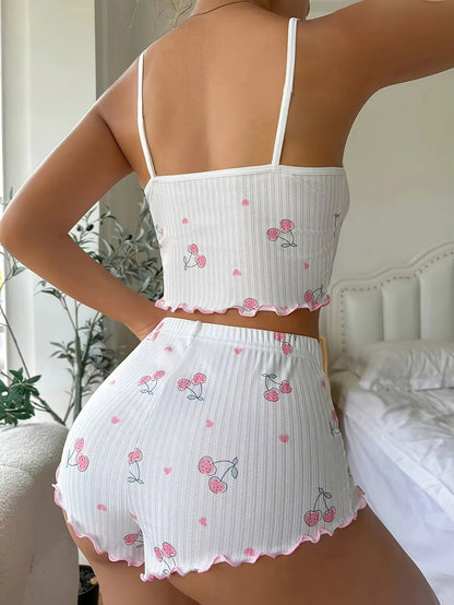 Womens Summer Pajama Set - Heart Print Backless Crop Top  Shorts Nightwear - ZOOMNSTORE
