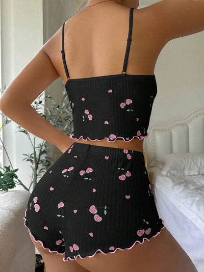 Womens Summer Pajama Set - Heart Print Backless Crop Top  Shorts Nightwear - ZOOMNSTORE