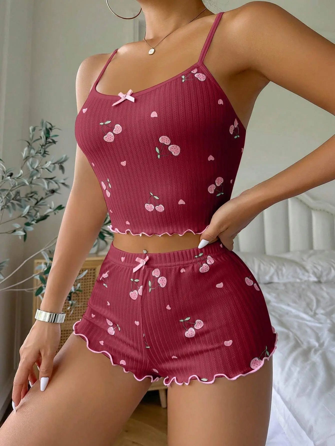 Womens Summer Pajama Set - Heart Print Backless Crop Top  Shorts Nightwear - ZOOMNSTORE