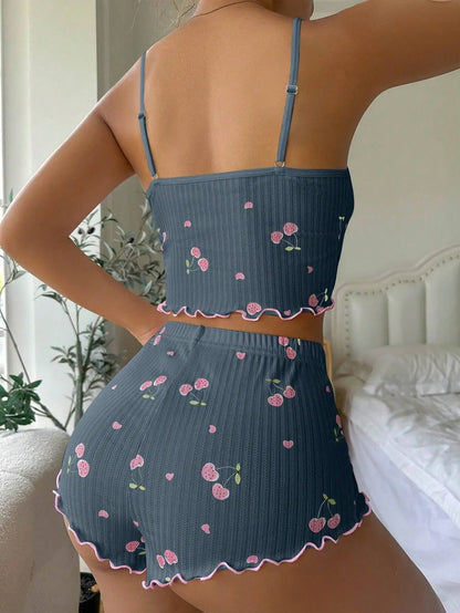 Womens Summer Pajama Set - Heart Print Backless Crop Top  Shorts Nightwear - ZOOMNSTORE