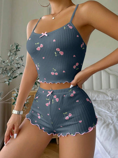 Womens Summer Pajama Set - Heart Print Backless Crop Top  Shorts Nightwear - ZOOMNSTORE