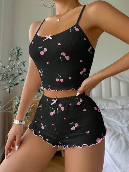 Womens Summer Pajama Set - Heart Print Backless Crop Top  Shorts Nightwear - ZOOMNSTORE
