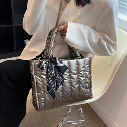 Women's Tote Bag - Quilted Crossbody Padded Shoulder Tote with Silk Scarf Accent - ZOOMNSTORE