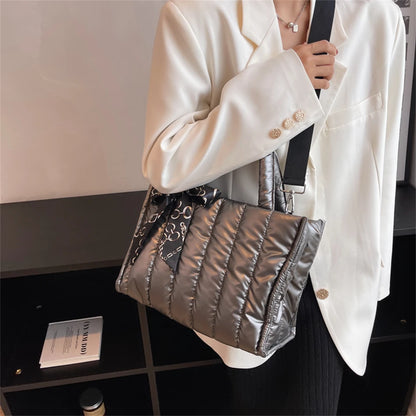 Women's Tote Bag - Quilted Crossbody Padded Shoulder Tote with Silk Scarf Accent - ZOOMNSTORE