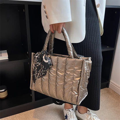 Women's Tote Bag - Quilted Crossbody Padded Shoulder Tote with Silk Scarf Accent - ZOOMNSTORE