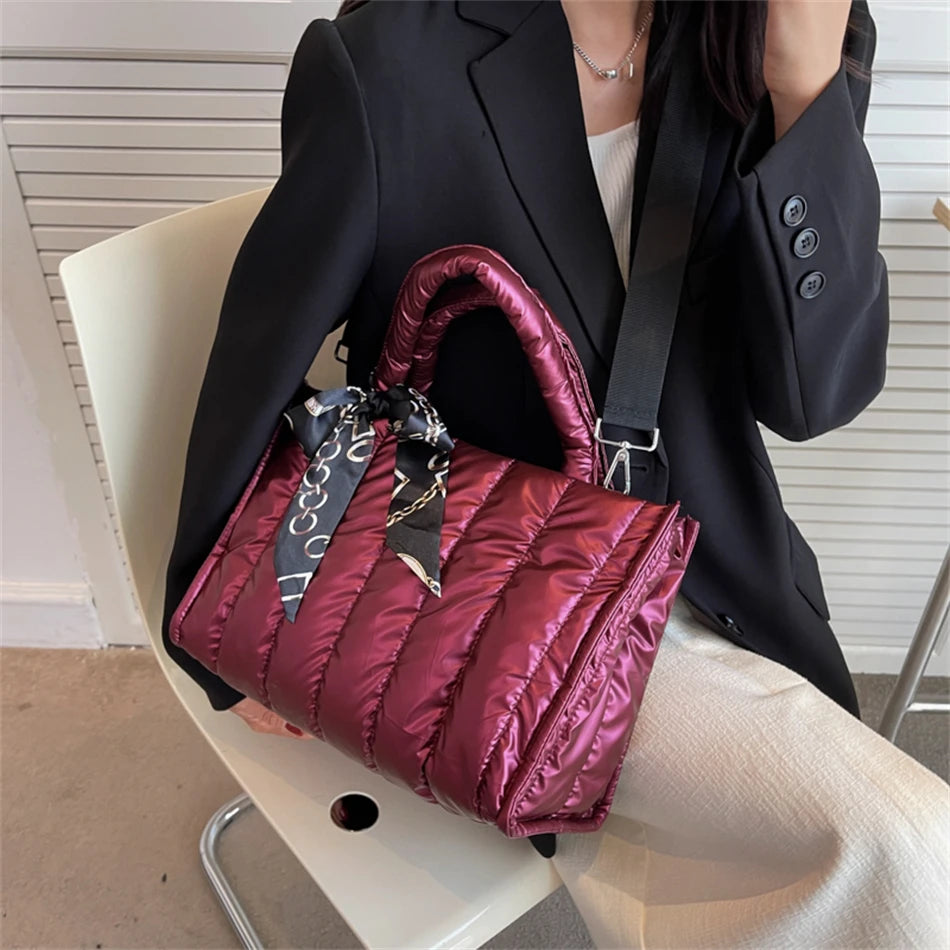 Women's Tote Bag - Quilted Crossbody Padded Shoulder Tote with Silk Scarf Accent - ZOOMNSTORE