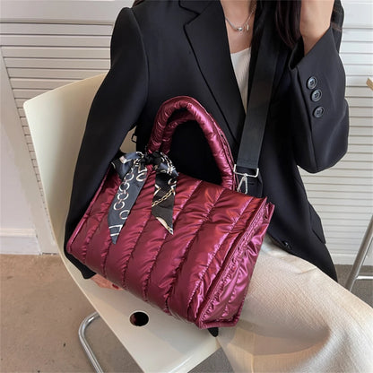 Women's Tote Bag - Quilted Crossbody Padded Shoulder Tote with Silk Scarf Accent - ZOOMNSTORE