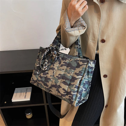 Women's Tote Bag - Quilted Crossbody Padded Shoulder Tote with Silk Scarf Accent - ZOOMNSTORE