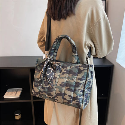 Women's Tote Bag - Quilted Crossbody Padded Shoulder Tote with Silk Scarf Accent - ZOOMNSTORE