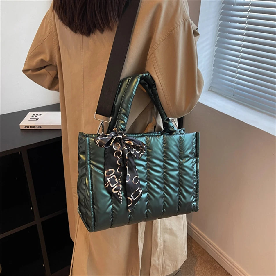Women's Tote Bag - Quilted Crossbody Padded Shoulder Tote with Silk Scarf Accent - ZOOMNSTORE