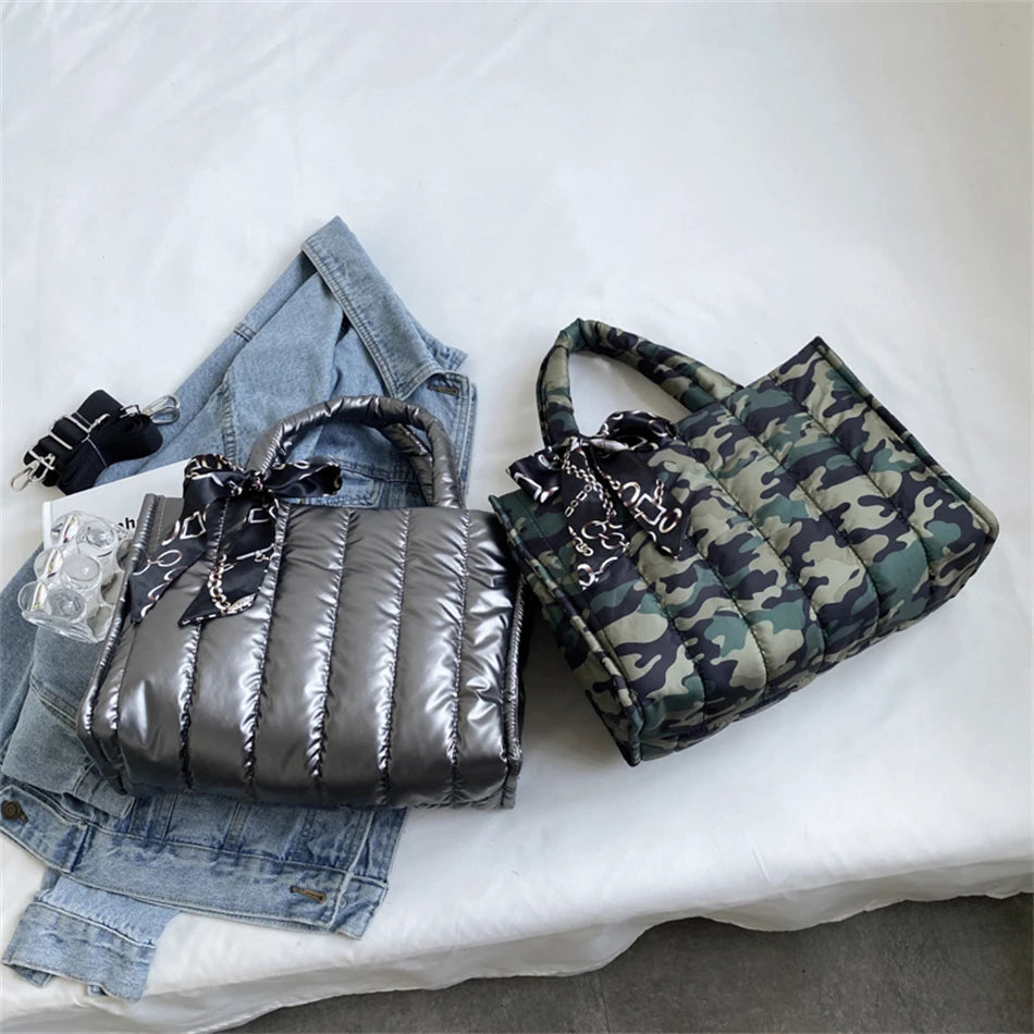 Women's Tote Bag - Quilted Crossbody Padded Shoulder Tote with Silk Scarf Accent - ZOOMNSTORE