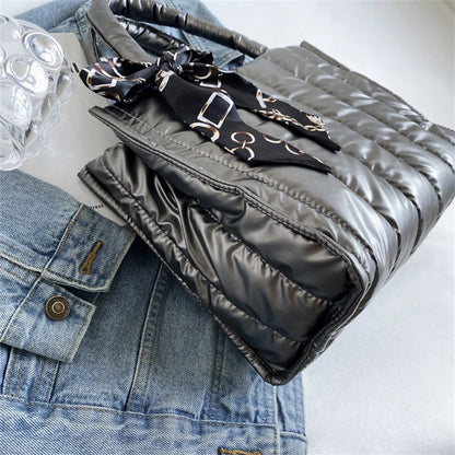 Women's Tote Bag - Quilted Crossbody Padded Shoulder Tote with Silk Scarf Accent - ZOOMNSTORE