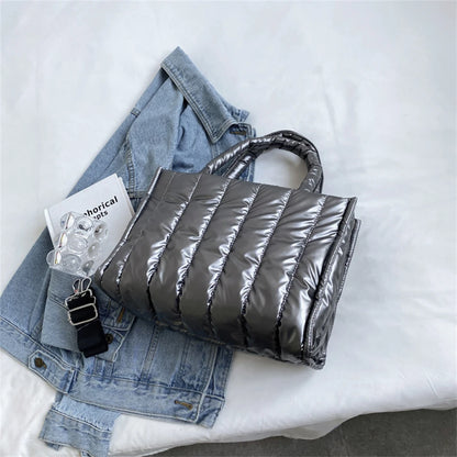 Women's Tote Bag - Quilted Crossbody Padded Shoulder Tote with Silk Scarf Accent - ZOOMNSTORE