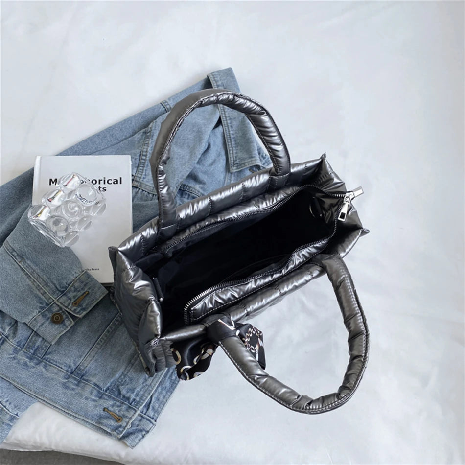 Women's Tote Bag - Quilted Crossbody Padded Shoulder Tote with Silk Scarf Accent - ZOOMNSTORE