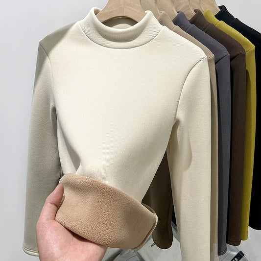 Women's Turtleneck Shirt - Warm Fleece Tee With Long Sleeve Slim Fit Top - ZOOMNSTORE