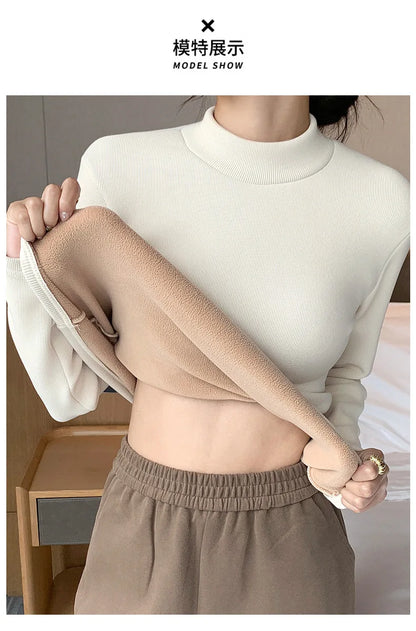 Women's Turtleneck Shirt - Warm Fleece Tee With Long Sleeve Slim Fit Top - ZOOMNSTORE