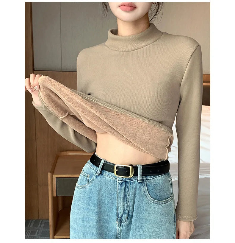 Women's Turtleneck Shirt - Warm Fleece Tee With Long Sleeve Slim Fit Top - ZOOMNSTORE