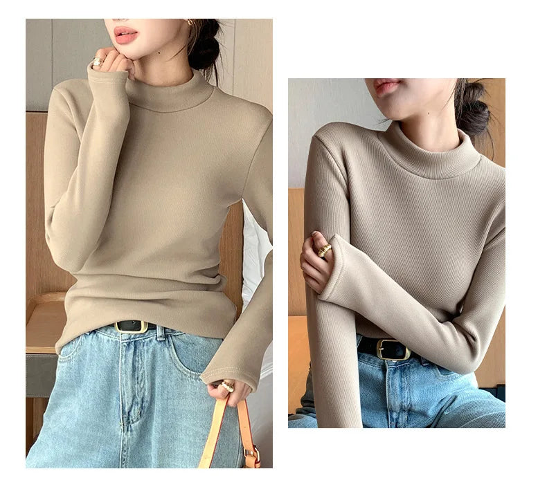 Women's Turtleneck Shirt - Warm Fleece Tee With Long Sleeve Slim Fit Top - ZOOMNSTORE