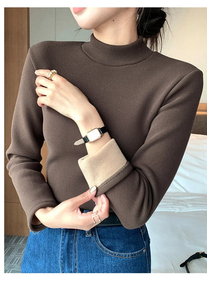 Women's Turtleneck Shirt - Warm Fleece Tee With Long Sleeve Slim Fit Top - ZOOMNSTORE