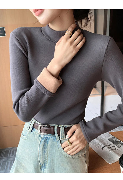 Women's Turtleneck Shirt - Warm Fleece Tee With Long Sleeve Slim Fit Top - ZOOMNSTORE