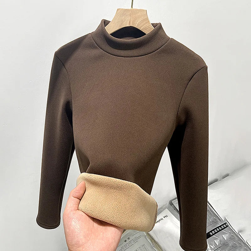 Women's Turtleneck Shirt - Warm Fleece Tee With Long Sleeve Slim Fit Top - ZOOMNSTORE