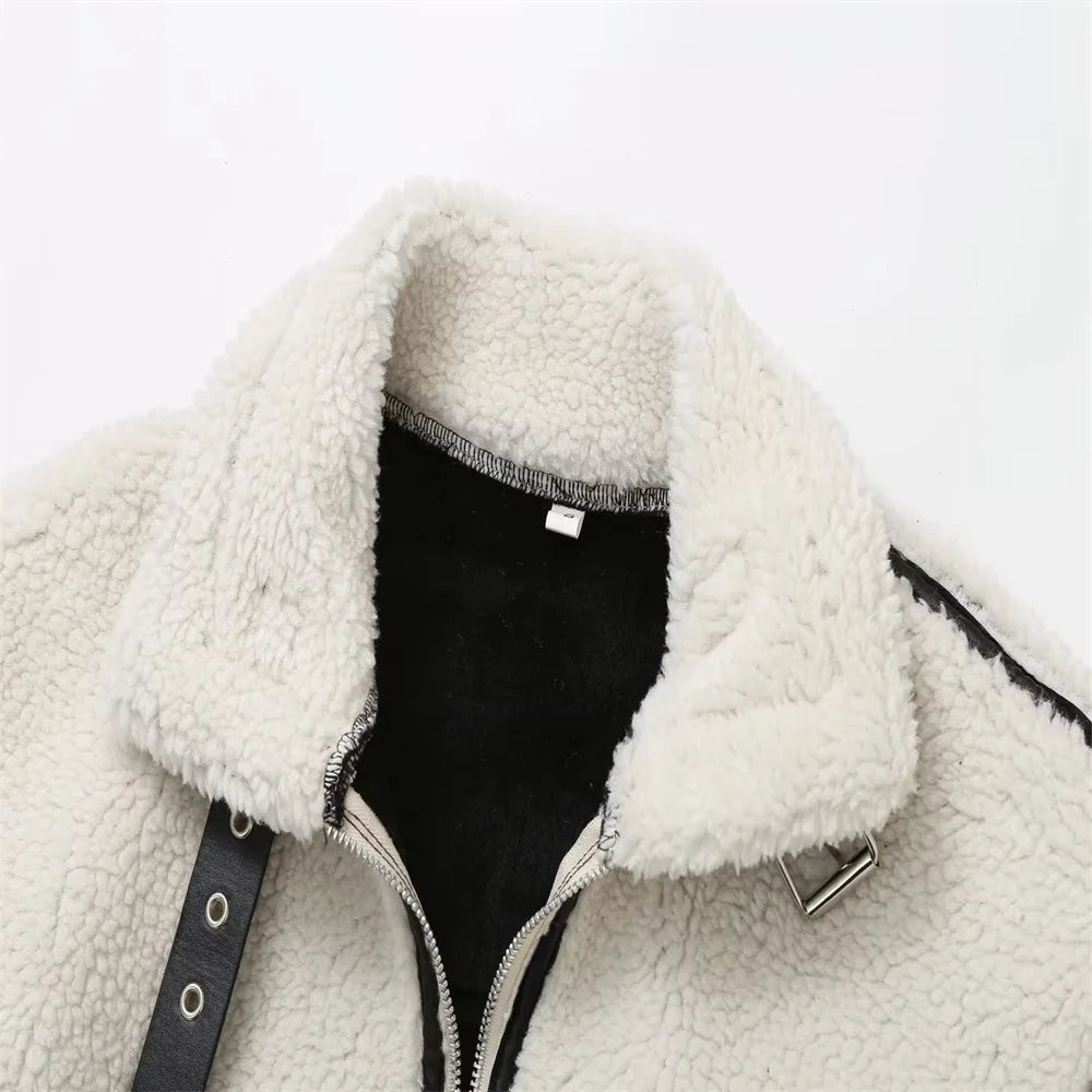 Casual Womens Fur Jacket - Plush Lamb Wool Contrast Color Warm One-Piece - ZOOMNSTORE