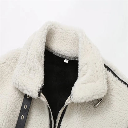 Casual Womens Fur Jacket - Plush Lamb Wool Contrast Color Warm One-Piece - ZOOMNSTORE