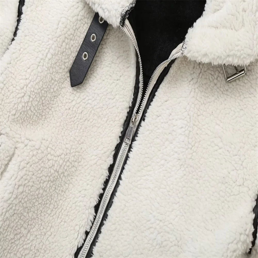 Casual Womens Fur Jacket - Plush Lamb Wool Contrast Color Warm One-Piece - ZOOMNSTORE