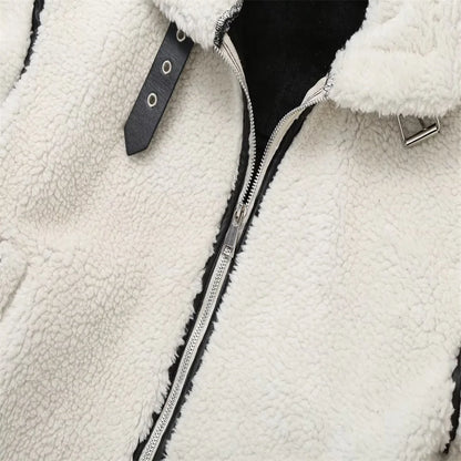 Casual Womens Fur Jacket - Plush Lamb Wool Contrast Color Warm One-Piece - ZOOMNSTORE