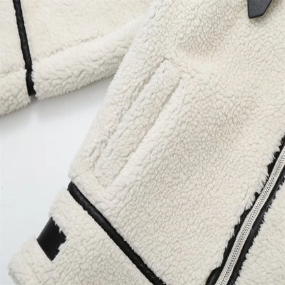 Casual Womens Fur Jacket - Plush Lamb Wool Contrast Color Warm One-Piece - ZOOMNSTORE