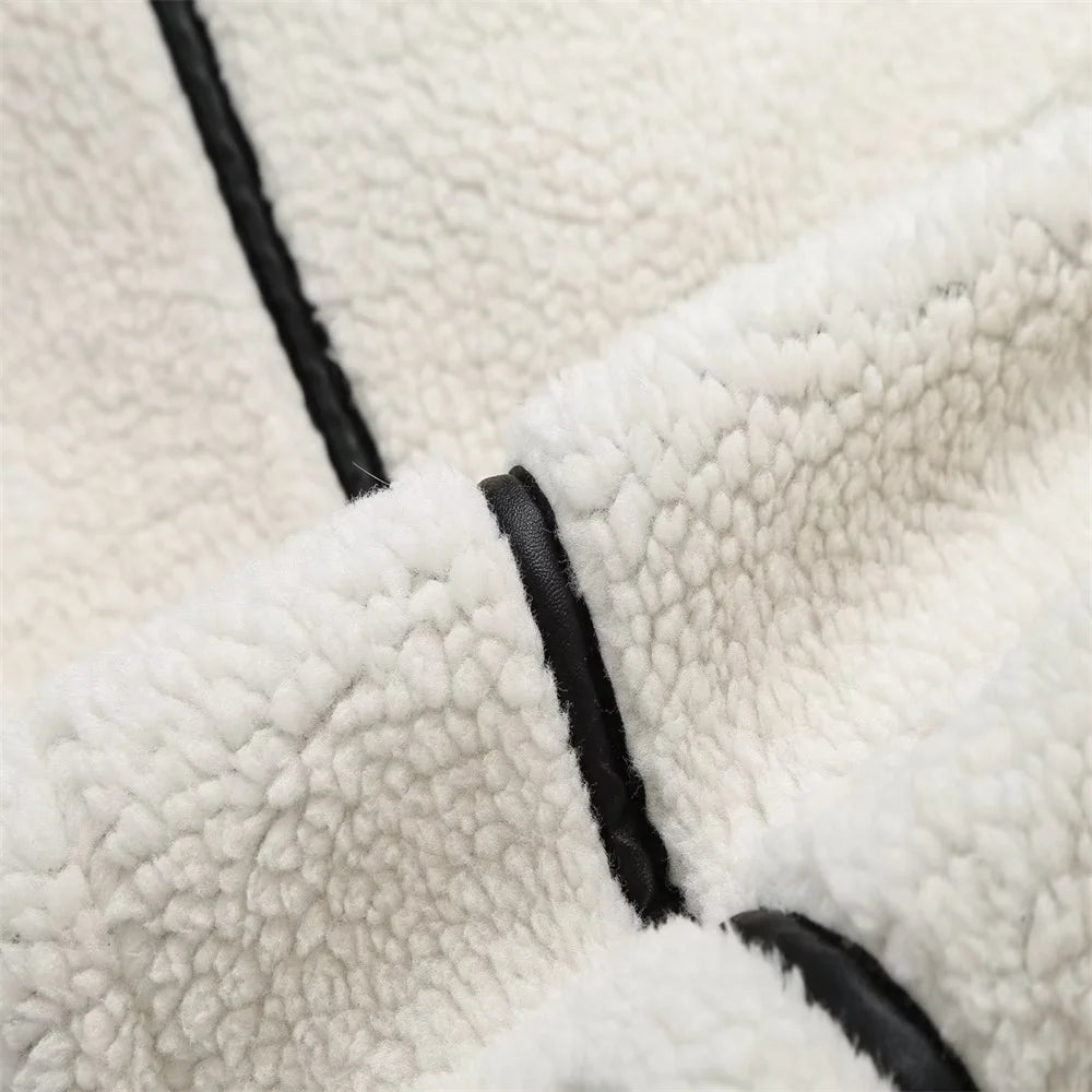 Casual Womens Fur Jacket - Plush Lamb Wool Contrast Color Warm One-Piece - ZOOMNSTORE