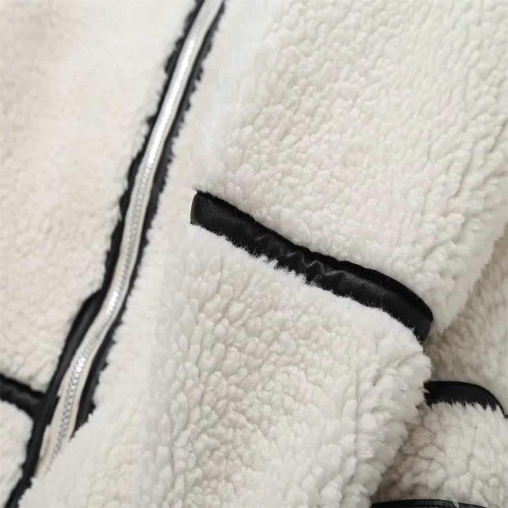 Casual Womens Fur Jacket - Plush Lamb Wool Contrast Color Warm One-Piece - ZOOMNSTORE