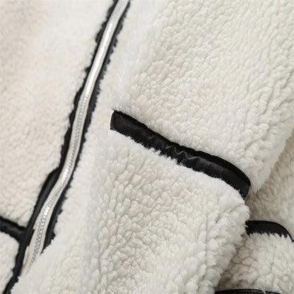 Casual Womens Fur Jacket - Plush Lamb Wool Contrast Color Warm One-Piece - ZOOMNSTORE