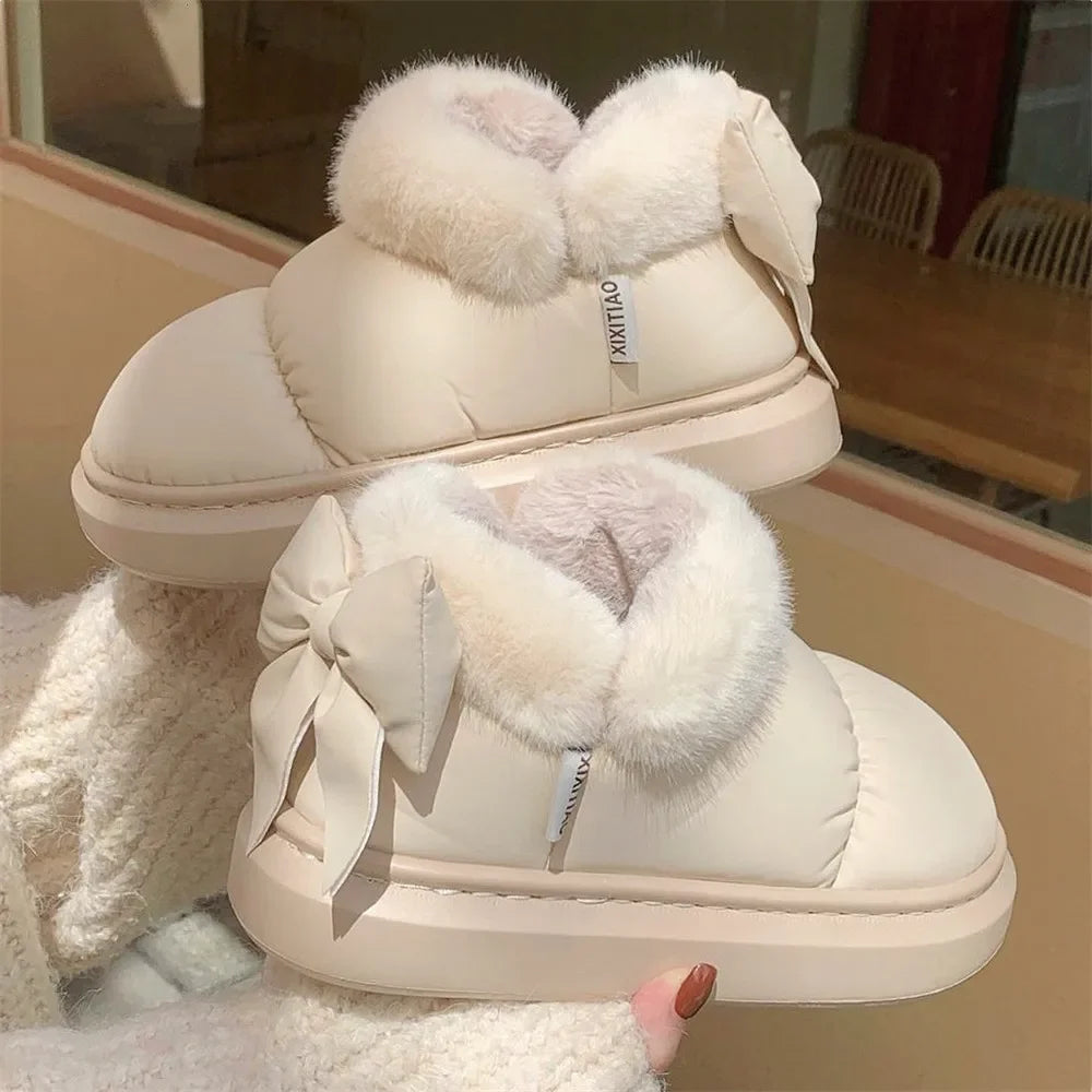 Cute Warm Ankle Boots Winter Women's Bow Warmth Plush Bow Cotton Shoes 2024 New Waterproof Down Cloth Short Barrel Snow Boots - ZOOMNSTORE