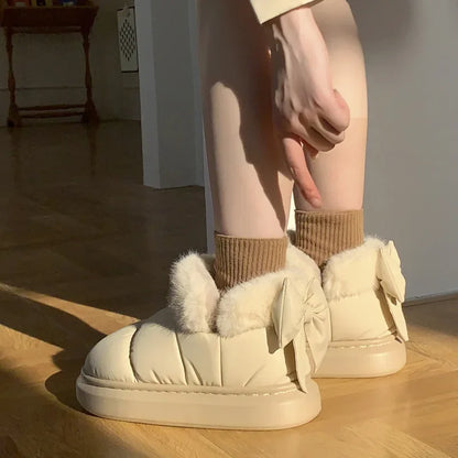 Cute Warm Ankle Boots Winter Women's Bow Warmth Plush Bow Cotton Shoes 2024 New Waterproof Down Cloth Short Barrel Snow Boots - ZOOMNSTORE