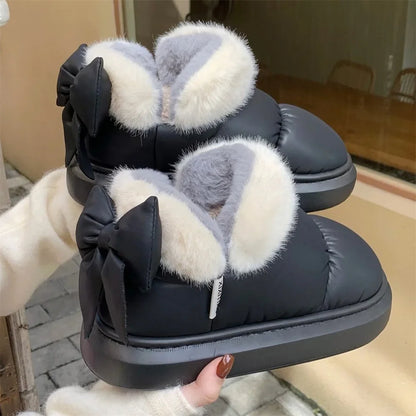 Cute Warm Ankle Boots Winter Women's Bow Warmth Plush Bow Cotton Shoes 2024 New Waterproof Down Cloth Short Barrel Snow Boots - ZOOMNSTORE