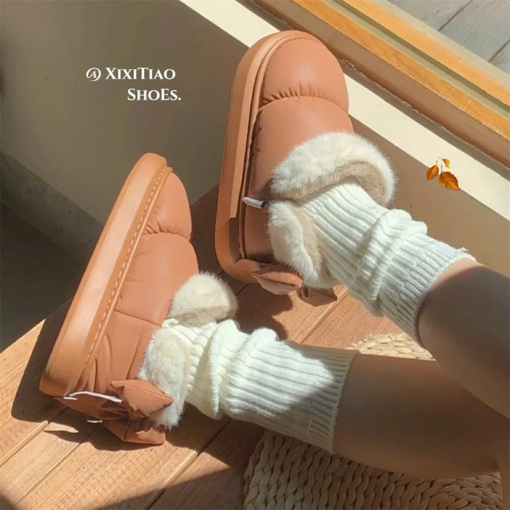 Cute Warm Ankle Boots Winter Women's Bow Warmth Plush Bow Cotton Shoes 2024 New Waterproof Down Cloth Short Barrel Snow Boots - ZOOMNSTORE
