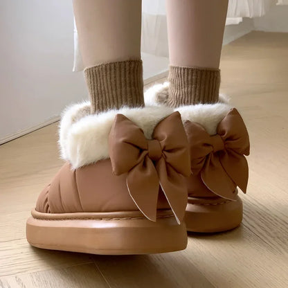 Cute Warm Ankle Boots Winter Women's Bow Warmth Plush Bow Cotton Shoes 2024 New Waterproof Down Cloth Short Barrel Snow Boots - ZOOMNSTORE