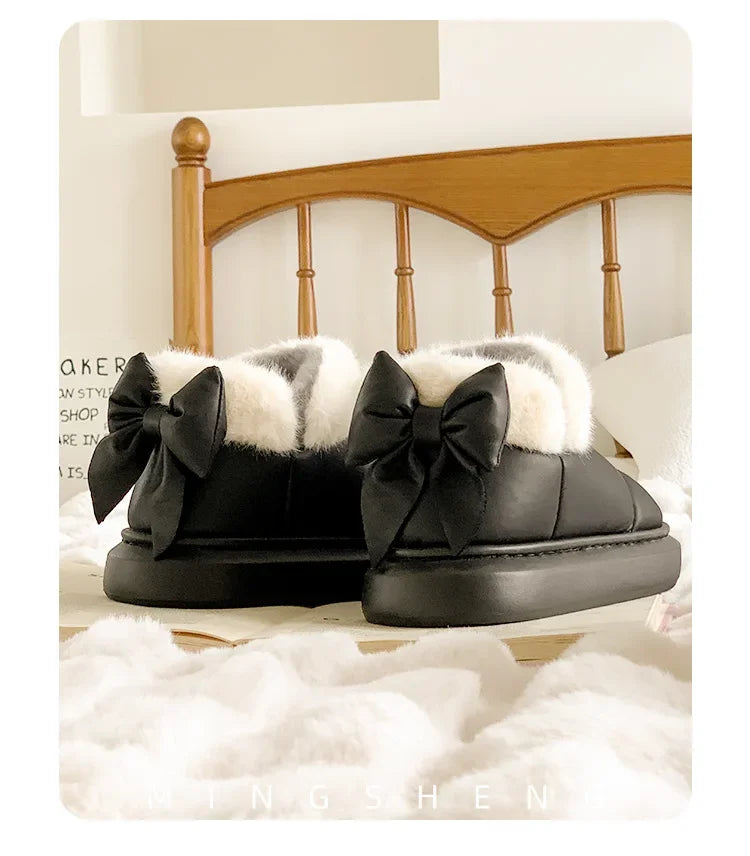 Cute Warm Ankle Boots Winter Women's Bow Warmth Plush Bow Cotton Shoes 2024 New Waterproof Down Cloth Short Barrel Snow Boots - ZOOMNSTORE