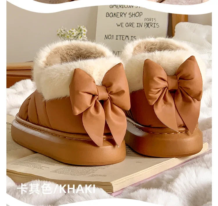 Cute Warm Ankle Boots Winter Women's Bow Warmth Plush Bow Cotton Shoes 2024 New Waterproof Down Cloth Short Barrel Snow Boots - ZOOMNSTORE