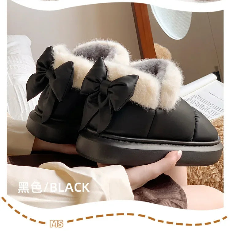 Cute Warm Ankle Boots Winter Women's Bow Warmth Plush Bow Cotton Shoes 2024 New Waterproof Down Cloth Short Barrel Snow Boots - ZOOMNSTORE