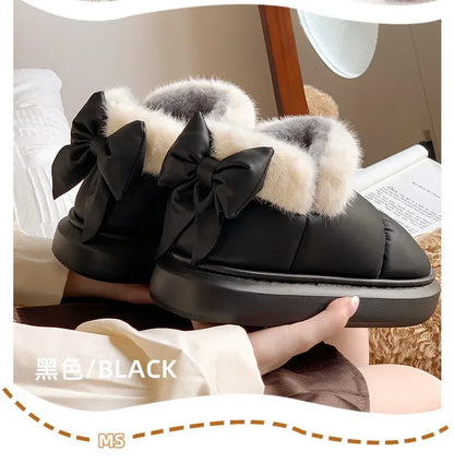 Cute Warm Ankle Boots Winter Women's Bow Warmth Plush Bow Cotton Shoes 2024 New Waterproof Down Cloth Short Barrel Snow Boots - ZOOMNSTORE