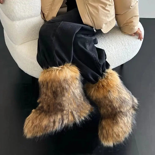 Women's Winter Snow Boots Outdoor Luxury Furry Faux Fox Fur Boots Woman Plush Warm Platform Shoes New Fashion Bottes Big Size 46 - ZOOMNSTORE