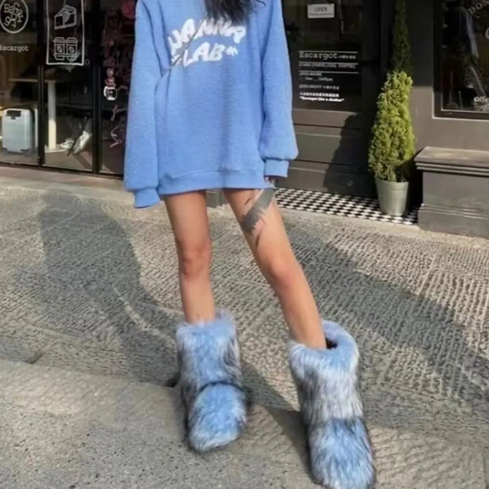 Women's Winter Snow Boots Outdoor Luxury Furry Faux Fox Fur Boots Woman Plush Warm Platform Shoes New Fashion Bottes Big Size 46 - ZOOMNSTORE