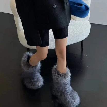 Women's Winter Snow Boots Outdoor Luxury Furry Faux Fox Fur Boots Woman Plush Warm Platform Shoes New Fashion Bottes Big Size 46 - ZOOMNSTORE