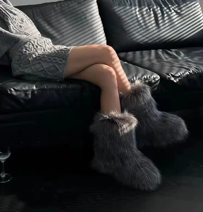 Women's Winter Snow Boots Outdoor Luxury Furry Faux Fox Fur Boots Woman Plush Warm Platform Shoes New Fashion Bottes Big Size 46 - ZOOMNSTORE