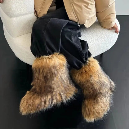 Women's Winter Snow Boots Outdoor Luxury Furry Faux Fox Fur Boots Woman Plush Warm Platform Shoes New Fashion Bottes Big Size 46 - ZOOMNSTORE