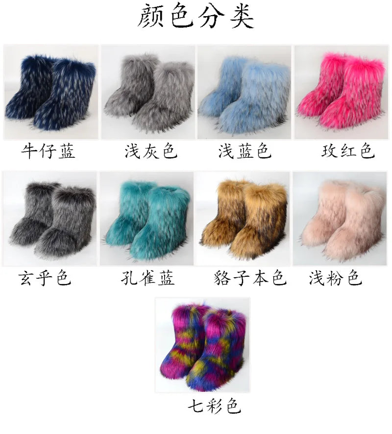 Women's Winter Snow Boots Outdoor Luxury Furry Faux Fox Fur Boots Woman Plush Warm Platform Shoes New Fashion Bottes Big Size 46 - ZOOMNSTORE
