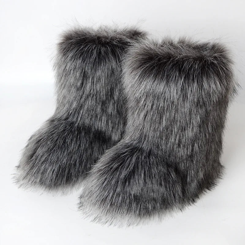 Women's Winter Snow Boots Outdoor Luxury Furry Faux Fox Fur Boots Woman Plush Warm Platform Shoes New Fashion Bottes Big Size 46 - ZOOMNSTORE
